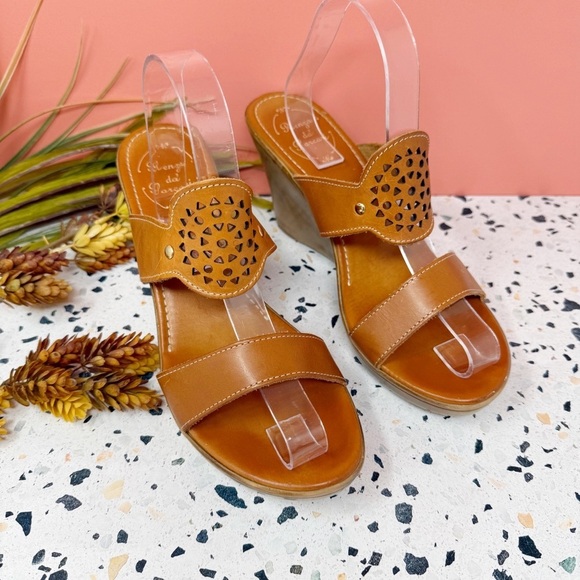 Renzo Da Porcari Tan Leather Double Strap Women’s Italian Wedge Sandals Sz 10 - Picture 1 of 11